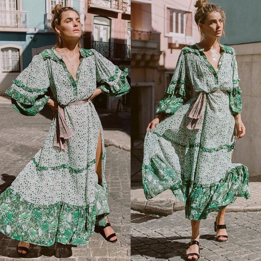 Váy maxi dài , cổ chữ V , họa tiết hoa , phong cách Boho