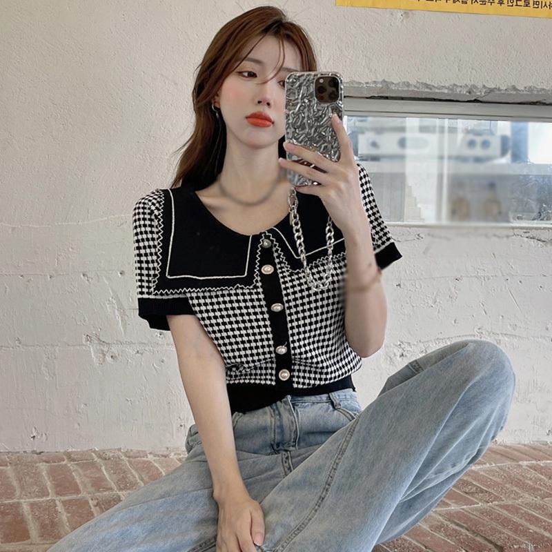 Áo Dệt Kim Tay Ngắn Cổ Thủy Thủ Kẻ Sọc Caro Trẻ Trung Thời Trang Phong Cách Hàn Quốc Cho Nữ
