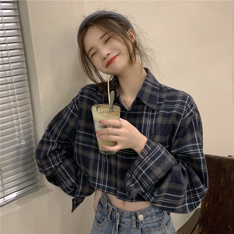 Áo Sơ Mi Caro Tay Dài Dáng Rộng Trẻ Trung Phong Cách Retro Hàn Quốc Cho Bạn Gái