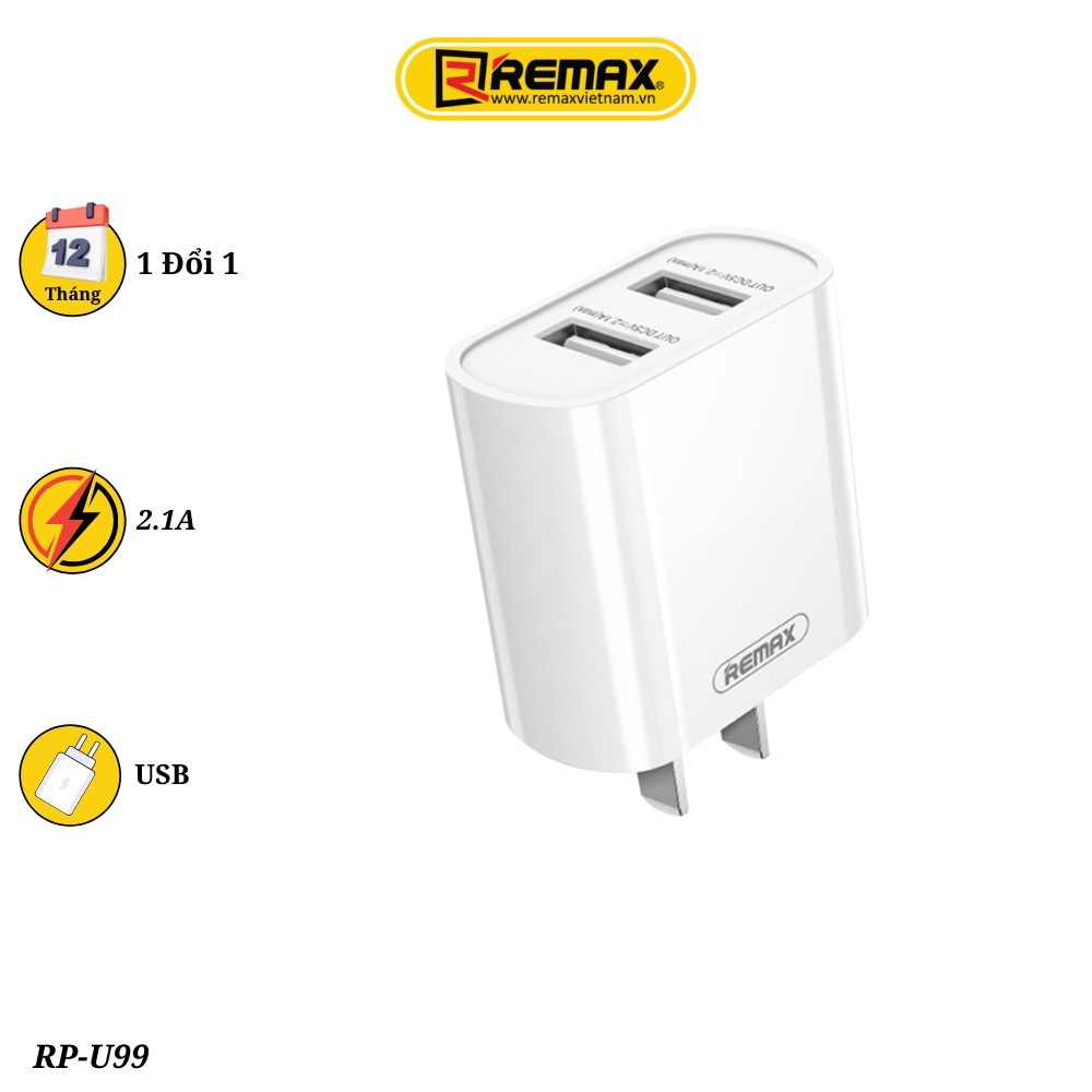 Củ sạc 2 cổng Remax RP-U35 2.1A - Hỗ trợ sạc 2 cổng cùng lúc và sạc nhanh 10w cho 13 pro max trở xuống Remax Việt Nam