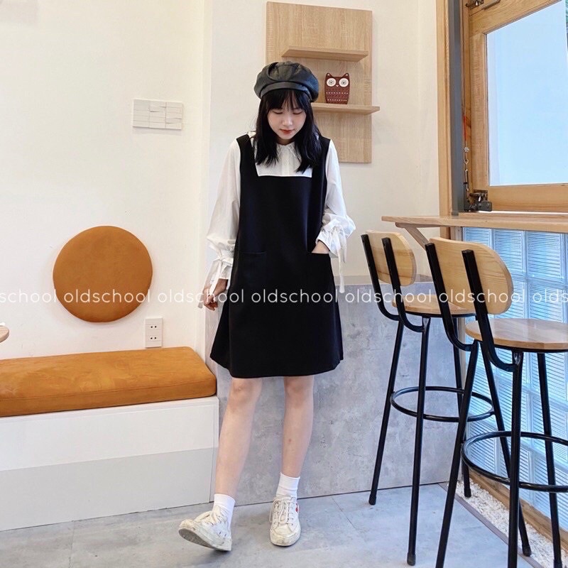Váy yếm nữ cổ sen sơ mi trắng dài tay thân yếm đen, Váy nữ đi chơi babydoll điệu đà nơ tay bánh bèo  (TTA112)