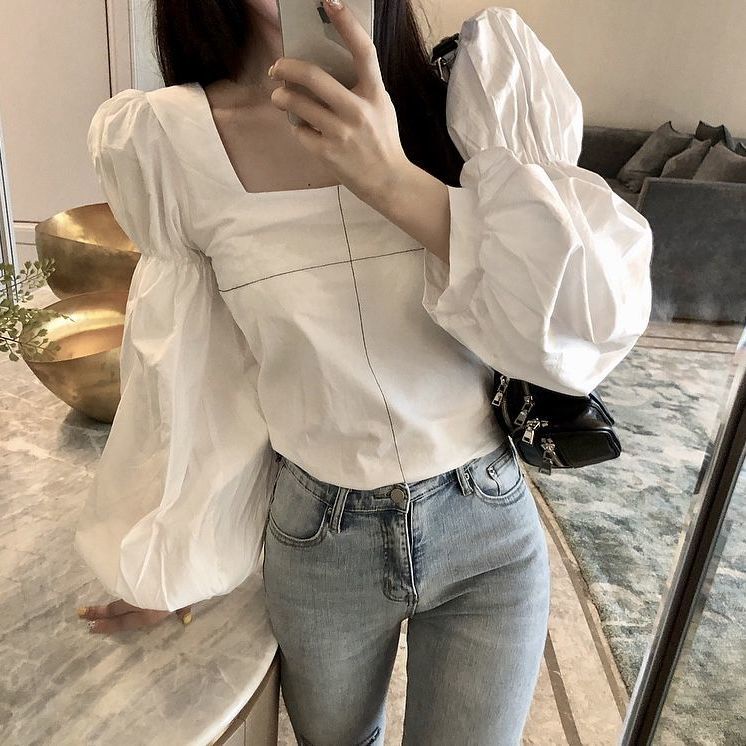 Áo Sơ Mi Cổ Vuông Tay Bồng Thắt Dây Phong Cách Thời Trang Hàn Quốc Mới