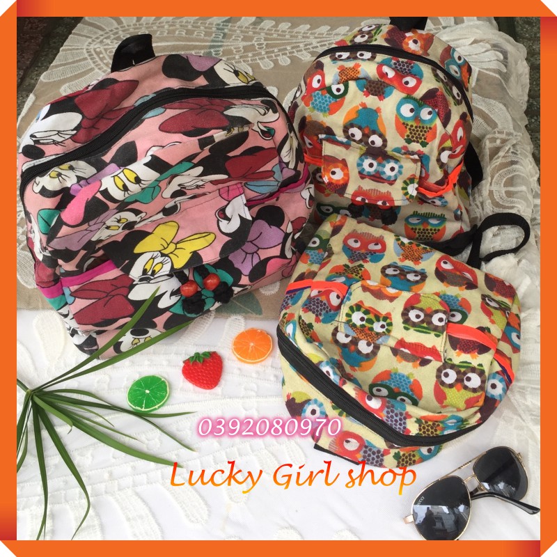 Balo Thổ Cẩm Thời Trang Hình Cú Và Chuột Mickey, Hoa Văn Size Nhỏ và Trung - Lucky Girl shop