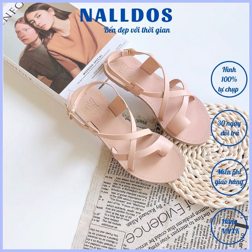 Sandal nữ dây mảnh NALLDOS, quai da Microfiber, đế TPR chống trượt 4 màu (Đen, Trắng, Kem và Bò)