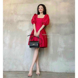 Đầm xòe đỏ cổ vuông chít eo phồng tay bồng