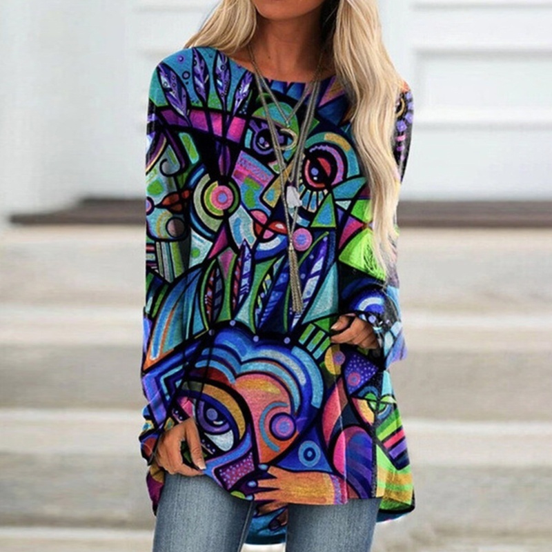 Áo Thun Tay Dài Cổ Tròn Dáng Rộng In Họa Tiết Chân Dung Trừu Tượng Thời Trang Cho Nữ