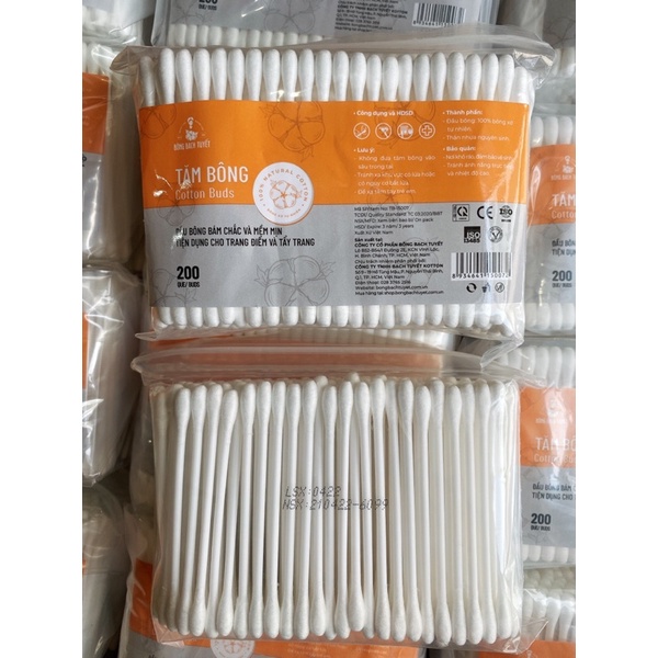 Tăm Bông Người Lớn Cotton Buds 200 que/ Gói Zíp - Bông Bạch Tuyết