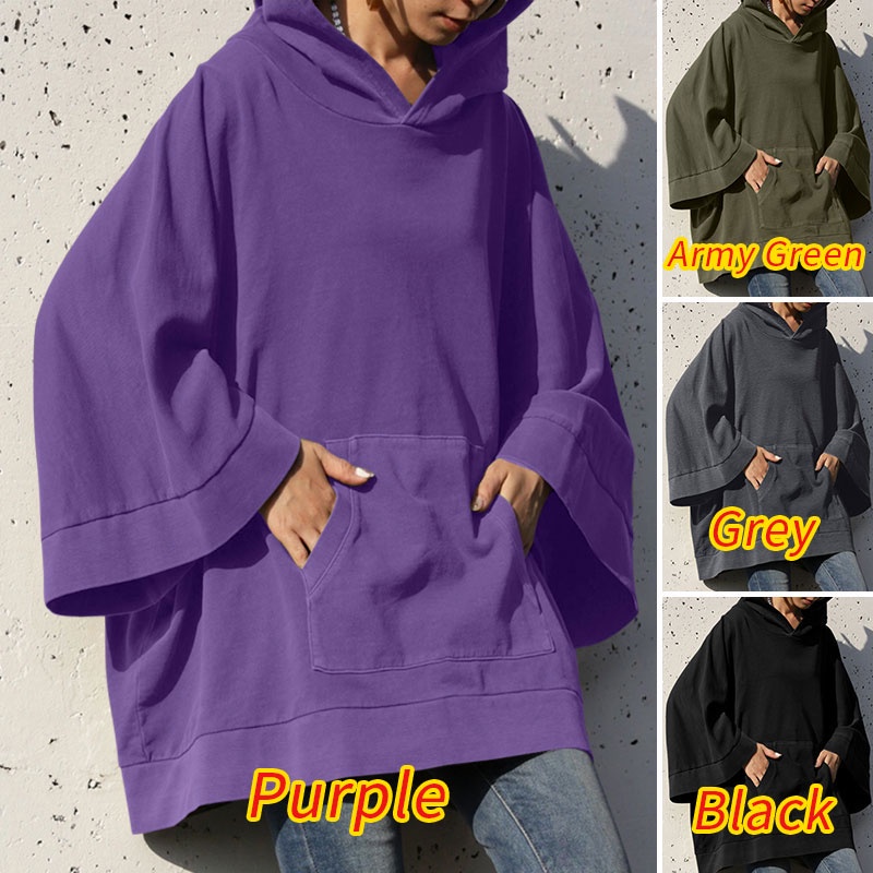 Áo hoodie ZANZEA màu trơn tay áo rộng phối túi mặt trước thời trang mùa đông cho nữ