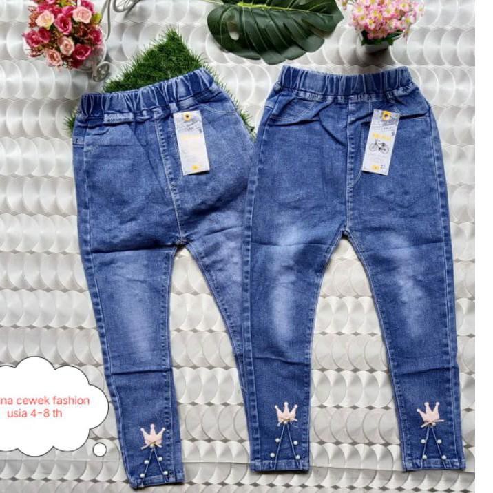 Quần Jeans Dài Đính Ngọc Trai Thời Trang Cho Bé Gái 6-10 Tuổi