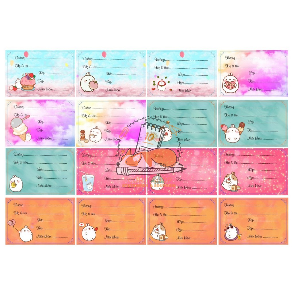 Set 16  nhãn vở hoạt hình Bare Bear, Doraemon, thỏ molang, pokemon (nhãn vở học sinh theo yêu cầu)