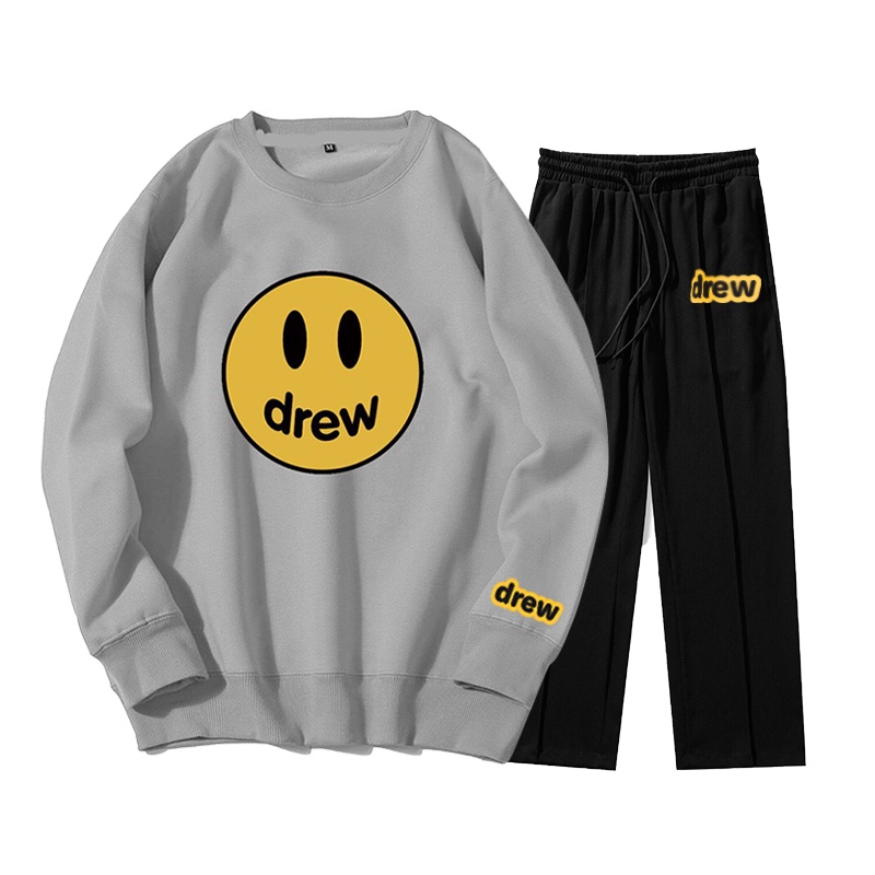 Set áo sweater nỉ bông quần gân drew ống suông basic,  phong cách unisex dễ mặc dễ mix big size 3XL-5XL