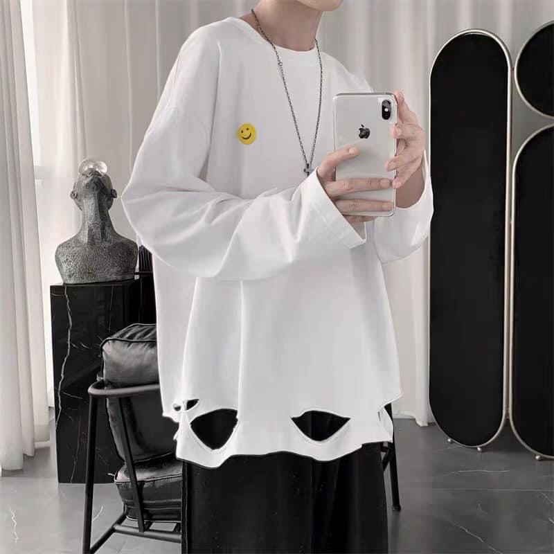 Áo Thun Rách Dài Tay Mặt Cười Chất Cotton Cao Cấp Form Rộng, Tay Lỡ Đẹp Unisex Mặc Đôi Mặc Cặp Cho Nam Nữ