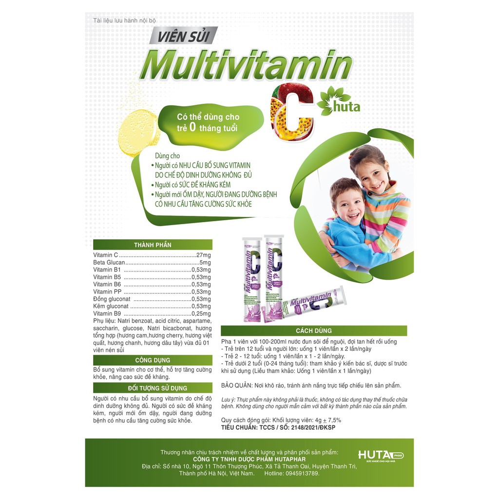 Sủi bổ sung 9 loại vitamin & khoáng chất Multivitamin Huta tăng sức đề kháng tuýp 20 viên