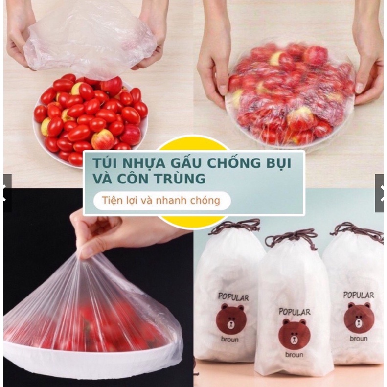 Gói 100c Màng Bọc Thực Phẩm Có Chun Co Dãn Tái Sử Dụng Kèm Túi Gấu