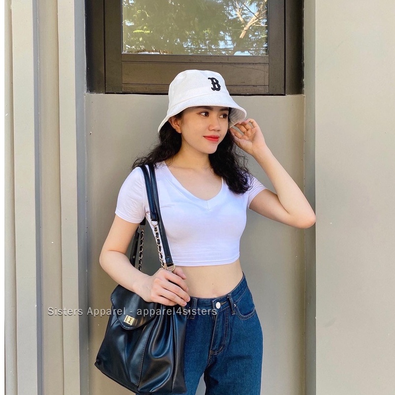 ÁO CROP CỔ V TAY NGẮN- AC061 (Trắng/Đen)