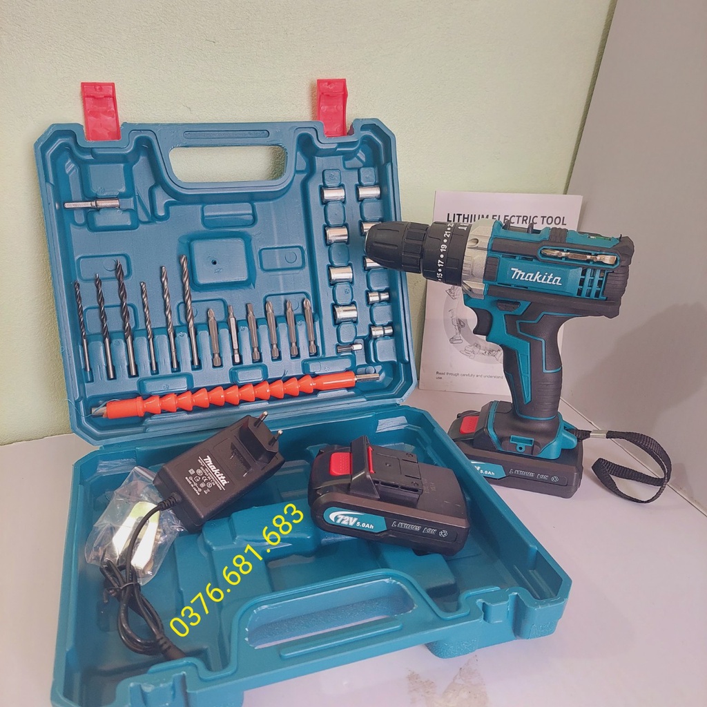 Máy Khoan Pin Ma.ki.ta 72v Thế Hệ Mới, Có Búa, Tặng 24 Phụ Kiện