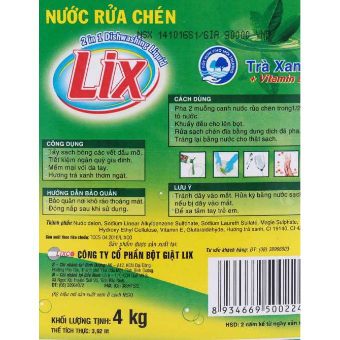 Nước rửa chén Lix siêu sạch hương Trà Xanh 4kg- 3.6kg mới