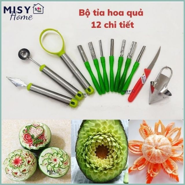 Bộ dao tỉa hoa quả chuyên nghiệp MISY HOME 3 7 8 12 chi tiết  tỉa  khắc rau củ dưa hấu múc trái cây mũi nhọn cực sắc bén