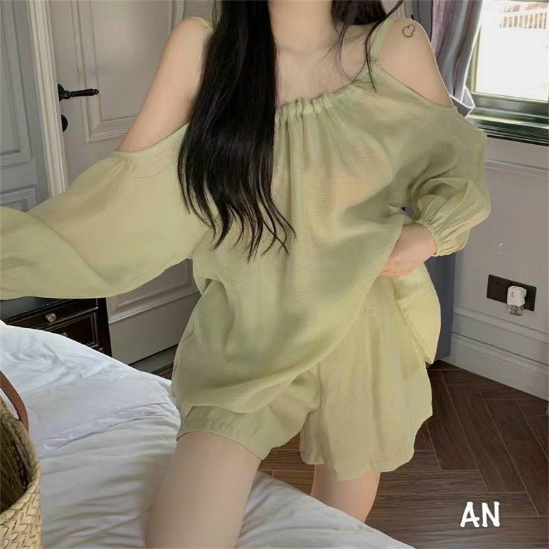 🦋Sét Áo Xanh Khoét Vai Tay Phồng Kèm Short🦋