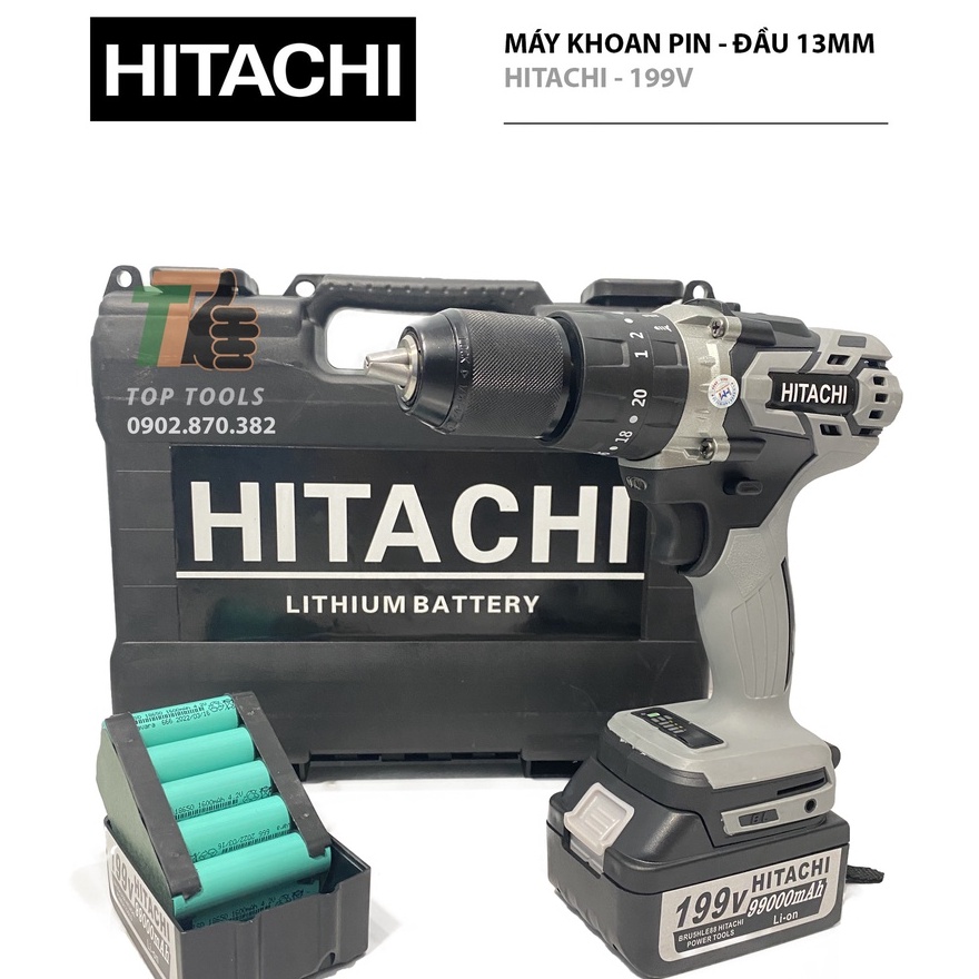Máy khoan pin không chổi than, Máy khoan pin Hitachi, Đầu khoan 13mm, Pin 10cell 199v