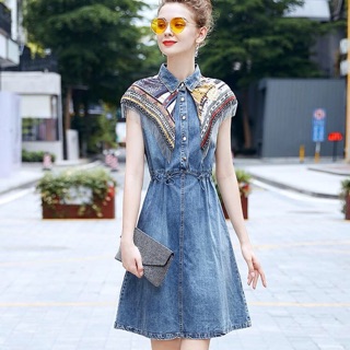 Đầm jean phối lụa eo rút dây cao cấp. Nhập QC