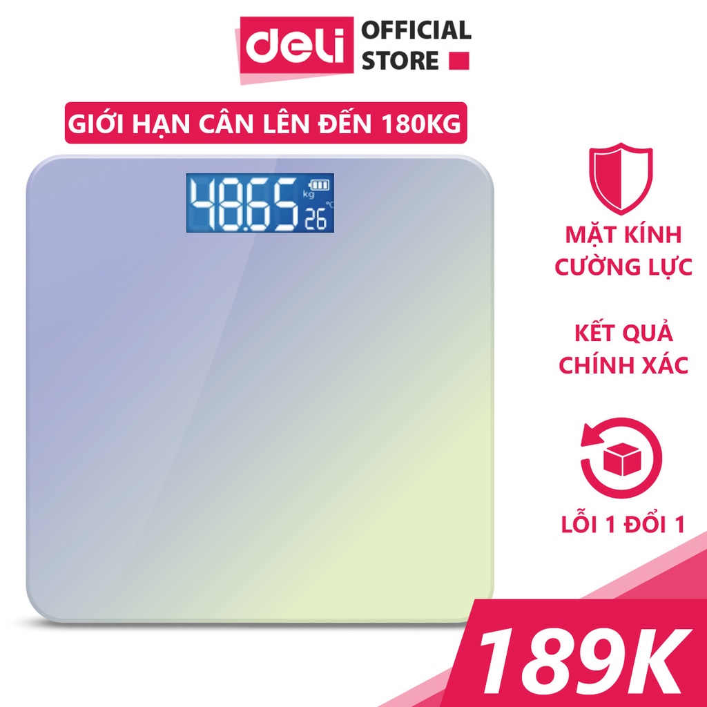 Cân điện tử sức khỏe Deli Màu ombre sang trọng tải trọng lên tới 180kg mặt kính cường lực theo dõi sức khỏe cho gia đình