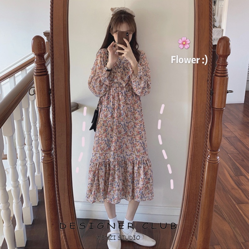 SUXI Đầm Voan Hoa Dáng Dài Phong Cách Vintage Thời Trang Thu Đông Dành Cho Nữ