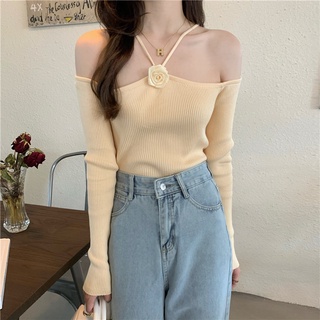 Áo sweater dệt kim thiết kế hình hoa trà cho nữ