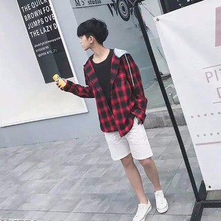 ÁO KHOÁC SƠMI UNISEX CAO CẤP SỌC CARO ĐỎ ĐEN PHỐI NÓN ĐEN (đỏ) -G065/1