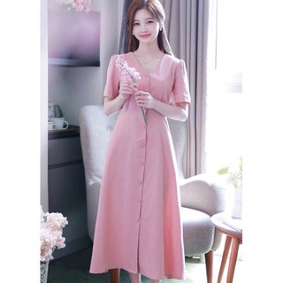 Đầm váy freesize hồng nút bọc form dài