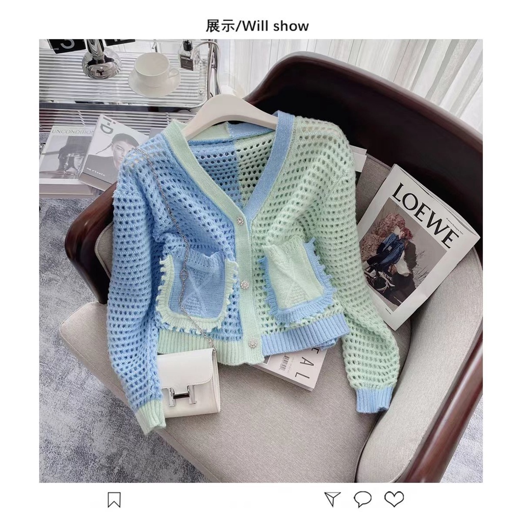 Áo Khoác Cardigan Dệt Kim Cổ Chữ V Màu Sắc Tương Phản Phong Cách Retro Dành Cho Nữ