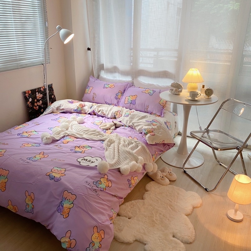 Bộ chăn ga gối Cotton Poly hoạ tiết Gấu tím MÂY BEDDING đủ kích thước nệm