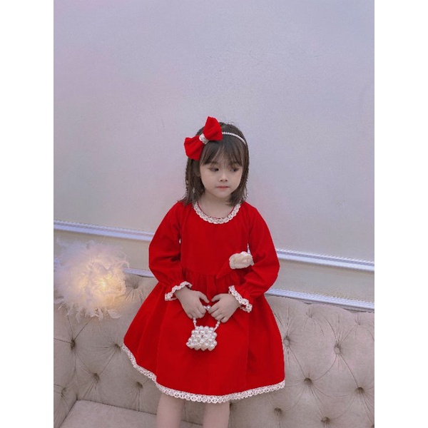 Váy Nhung Đỏ Đính Hoa Kèm Nơ Cài Điệu Đà Cho Bé Gái size 1-7 tuổi (10-20 kg)
