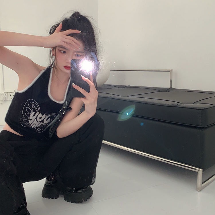 ℡☇◘Áo Hai Dây Ngắn Mỏng Ôm Dáng Màu Đen Trơn Phong Cách Desire Thời Trang Mùa Hè Cho Nữ