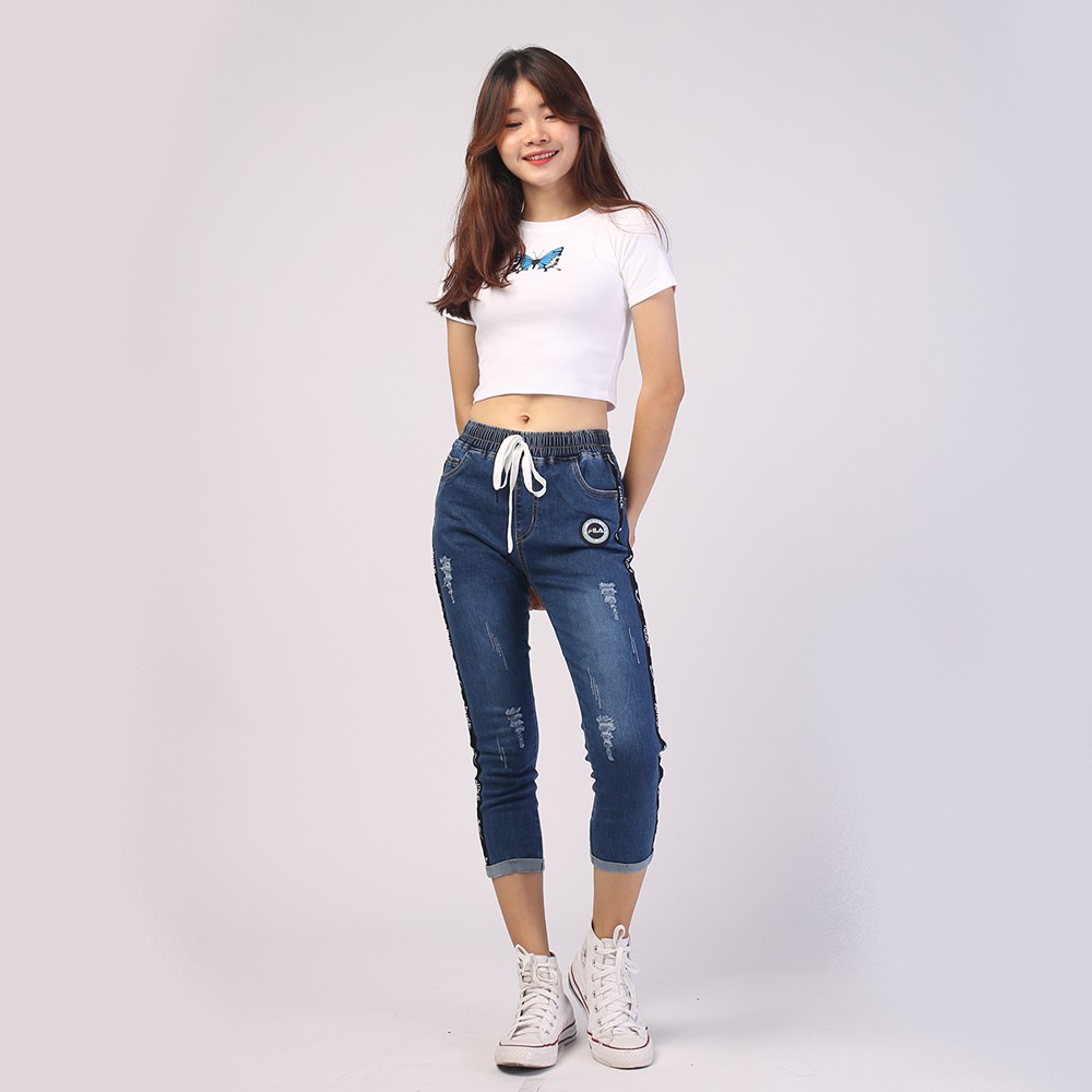 Quần jeans nữ lưng thun SAIGONJEAN 2 viền QD018 - Quần bò 9 tấc lưng thun