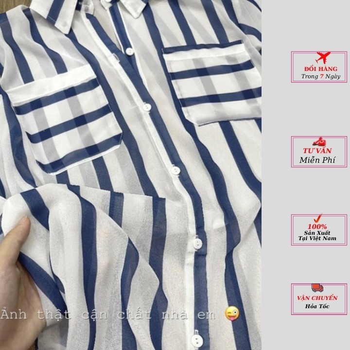 set áo sơ mi nữ form rộng kiểu kẻ sọc xanh trắng đẹp dài tay hàn quốc cao cấp,Chất vải tằm voan cực mát kiểu YoLoFashion