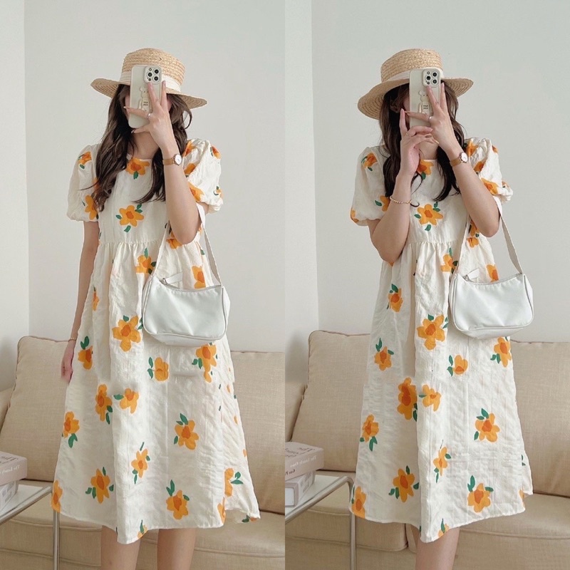 Váy Babydoll hoa cam tay bồng chất nhăn Hàn Quốc - Đầm nữ tay bồng cổ tròn hoa cam nổi bật Kozoda D67
