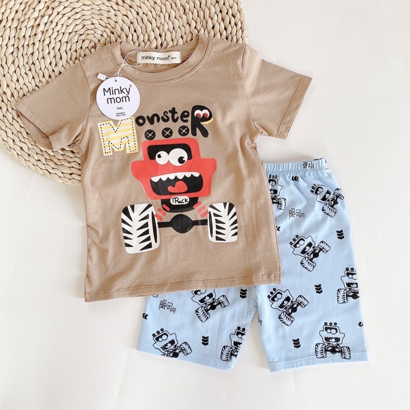 BỘ TAY NGẮN COTTON MINKYMOM HÌNH XE CẦN CẦU- KHỦNG LONG GOGO