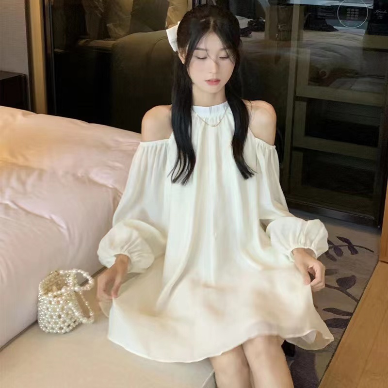 Đầm Tay Dài Hở Vai Màu Sắc Đơn Giản Cho Nữ