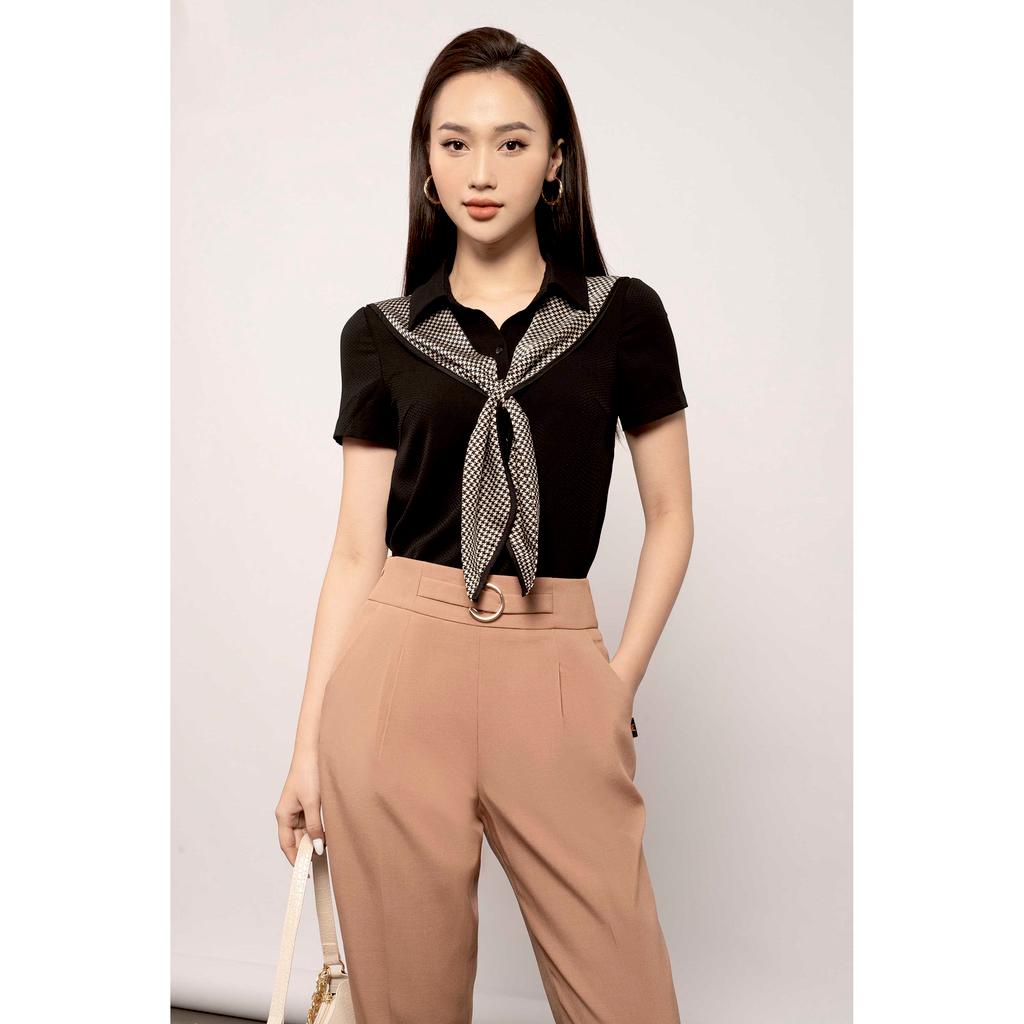 Áo sơ mi cổ đức, cộc tay, phối dây buộc kẻ caro nhỏ MMOutfit M-AO071021216