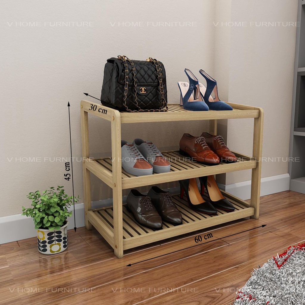 KỆ GIÀY, DÉP GỖ TỰ NHIÊN 3 TẦNG NGANG 62CM - VHOME FURNITURE