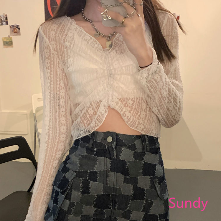 Áo croptop tay dài vải ren gợi cảm thời trang mùa hè cho bạn gái áo kiểu ren