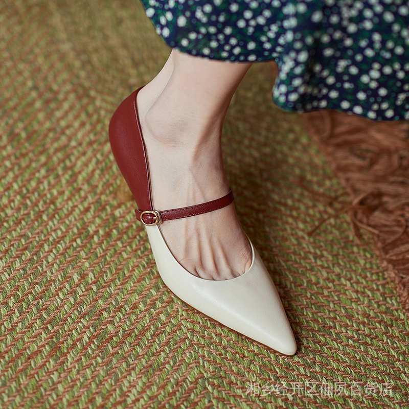Giày Cao Gót Da Mềm Mũi Nhọn Phong Cách Retro Pháp Thời Trang 2022 Cho Nữ