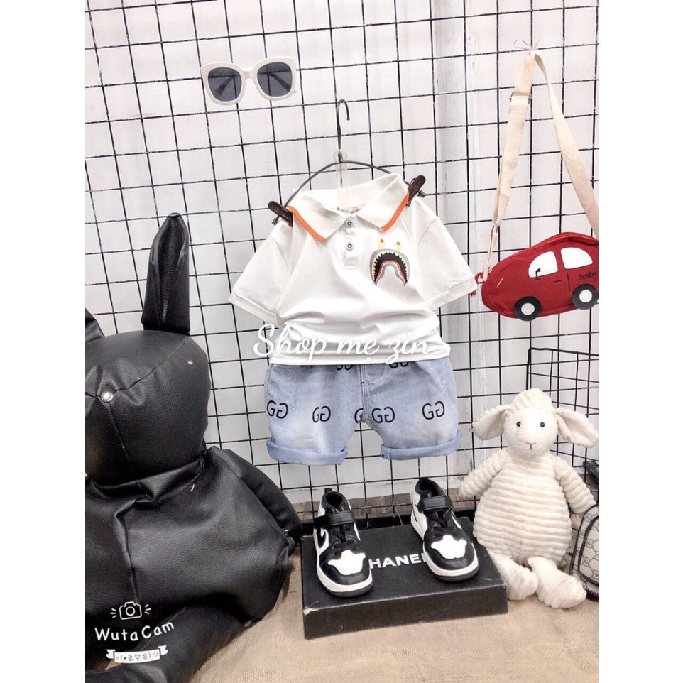 Set áo thun thể thao và quần short jean Quảng Châu cho bé trai
