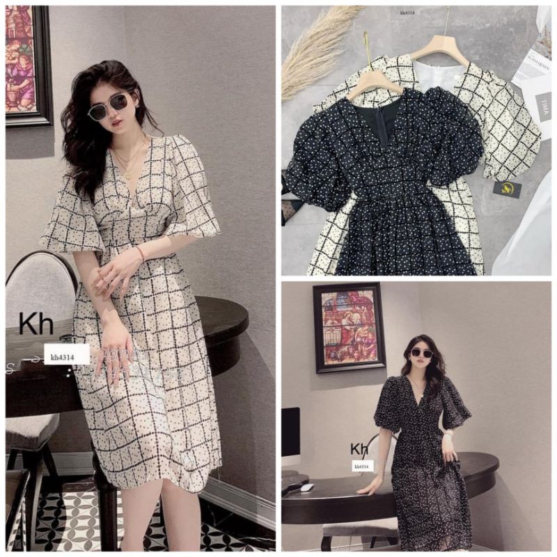 Đầm váy voan hai lớp hoạ tiết tim bi cổ V siêu sang chảnh Mi Clothing