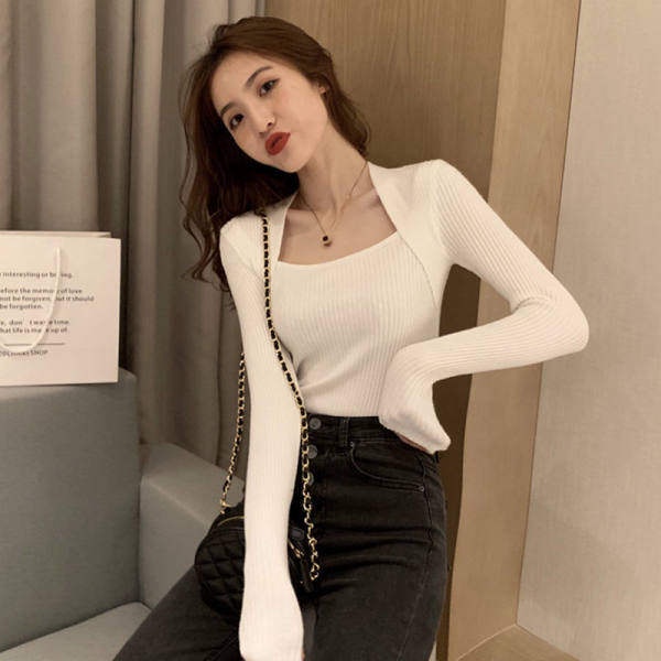 Áo Sweater Dệt Kim Cổ Chữ U Màu Sắc Trơn Phong Cách Hàn Quốc Thời Trang Thu Đông Quyến Rũ Cho Nữ