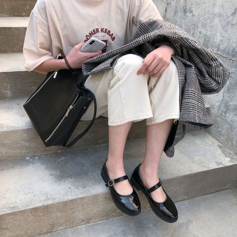ulzzang Giày da bóng nữ sinh phong cách vintage 902, giày da gingham cao cấp, giày mary jane bóng | BigBuy360 - bigbuy360.vn