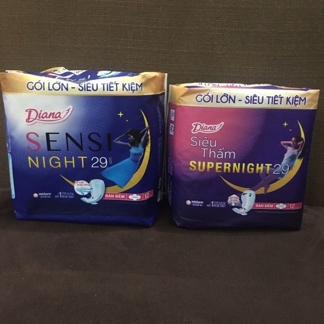 Băng vệ sinh Diana ban đêm 29cm hoặc 35cm Sensi Night - Super Night gói 3, 4 miếng và 12 miếng