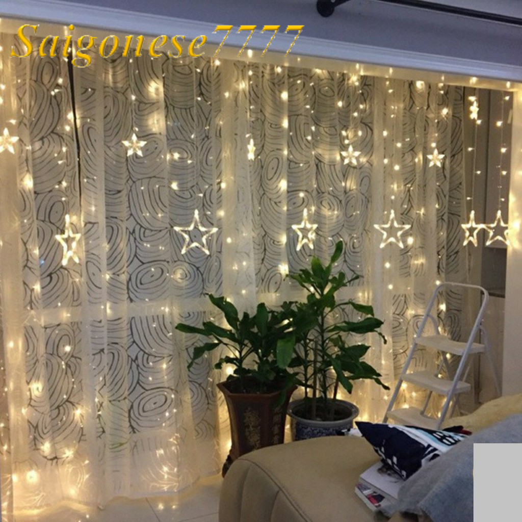 Dài 3 Mét 12 Đèn Led Mặt Trăng Ngôi Sao Trang Trí Ngoài Trời Noel Lễ Tết Rèm Đèn Led Chống Nước Xài Điện 220V