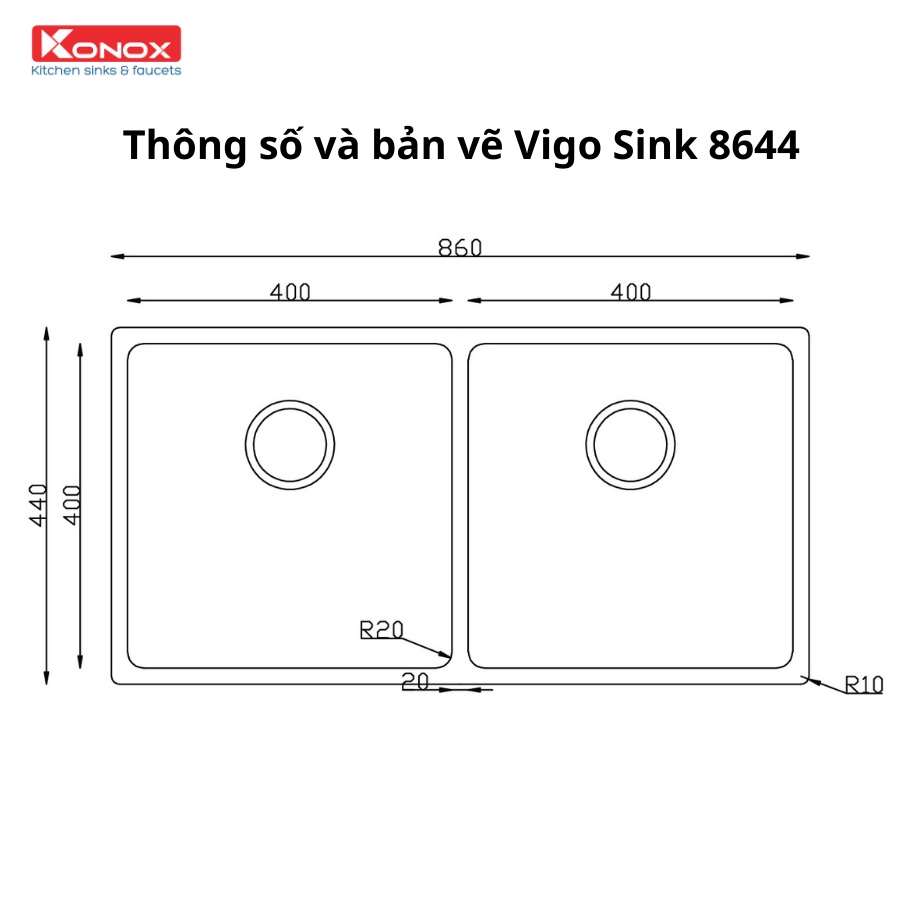 Chậu rửa bát inox 2 hố Konox Turkey sink VIGO 8644